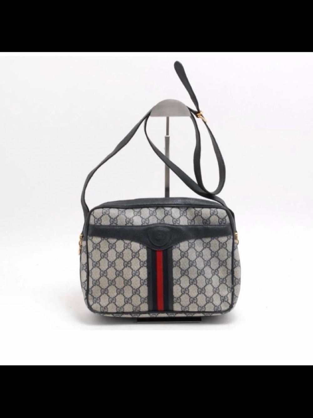 Gucci Navy GG Supreme Messenger Bag with Red-Green Stripe